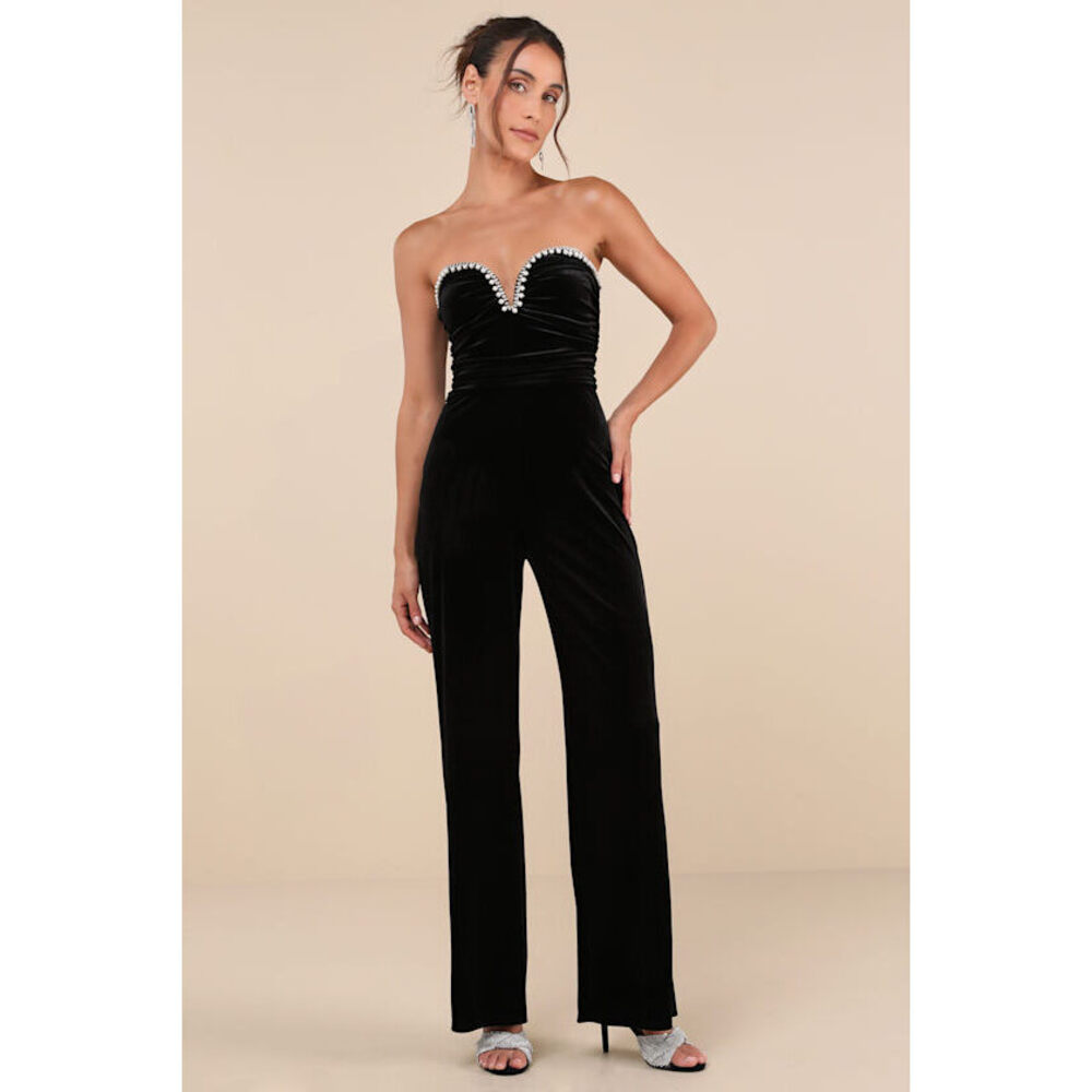 Fabulous Instinct Black Velvet Pearl Strapless Jumpsuit
